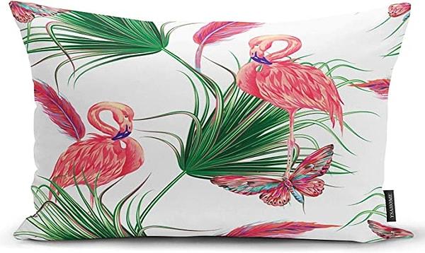 16. Çift tarafı baskılı tropikal flamingo desenli dikdörtgen kırlent kılıfı evinize renk katacak!