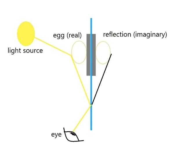 Videoda yumurtadan gelen ışık kağıdın kenarına çarptığında bir kısmı kağıdın etrafında kıvrılarak aynaya ulaşıyor.