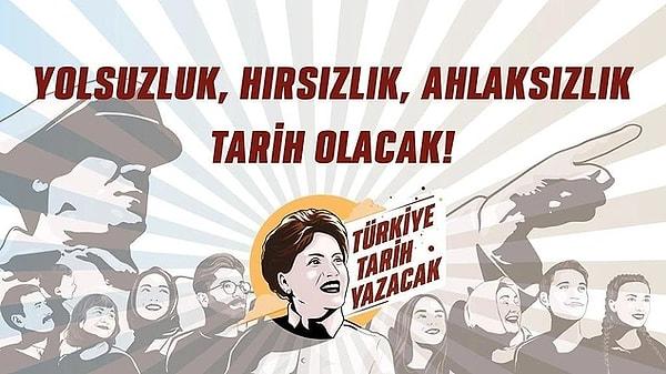 İYİ Parti, 14 Mayıs seçimleri için hazırlattığı afişleri kamuoyuyla paylaştı. İllüstrasyon çizim olarak hazırlanan afişlerde Gazi Mustafa Kemal Atatürk'ün, İYİ Parti Genel Başkanı Meral Akşener'in ve vatandaşların yer aldığı görülüyor.