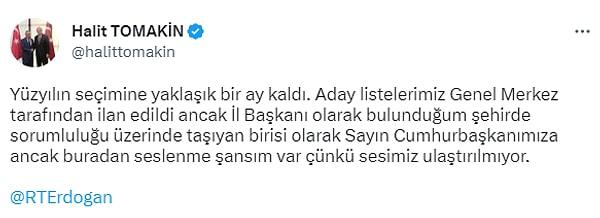 AK Parti Ordu İl Başkanı Halit Tomakin ise milletvekili aday listesini eleştiren bir paylaşım yaptı. Aday listesine tepki gösteren Tomakin paylaşımında şu ifadeleri kullandı: