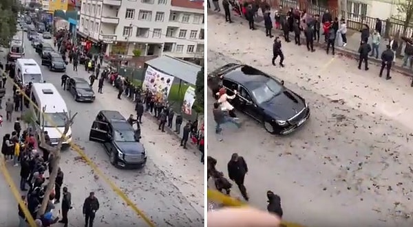 Korumaları atlatıp Erdoğan'ın aracına ulaşarak isteklerinin olduğu kağıtları fırlatan AK Partililer korumaların hızlı müdahalesi ile karşılaştı.