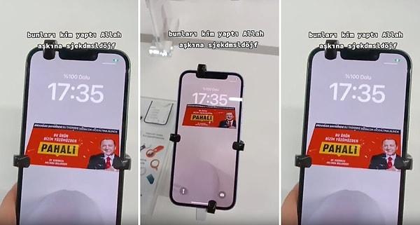 O olaylardan sonra ise şimdi de birileri, bir teknoloji mağazasında sergilenen iPhoneların ekran resimlerine Mahir Akkoyun'un tasarladığı 'Erdoğan Sayesinde' çıkartmalarını koydu.