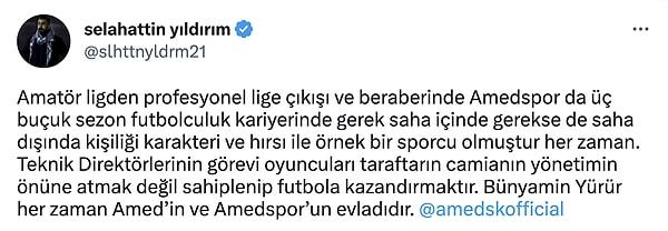 Amedspor Başkanı Selahattin Yıldırım, Bünyamin Yürür için maçın ardından şunları söyledi👇