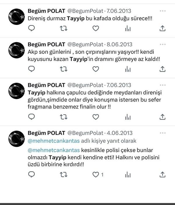 İşte Begüm Polat'ın Gezi Parkı olaylarının yaşandığı 2013 senesinde dönemin Başbakanı Recep Tayyip Erdoğan hakkında attığı tweetler 👇