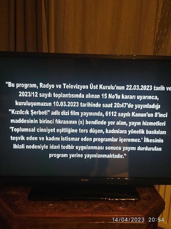 Gerdek sahnesiyle RTÜK'ten 5 defa yayın durdurma cezası alan Kızılcık Şerbeti'nin yayını dün akşam durduruldu.