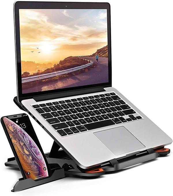 9. Turuncu ve siyah detaylı laptop standı.