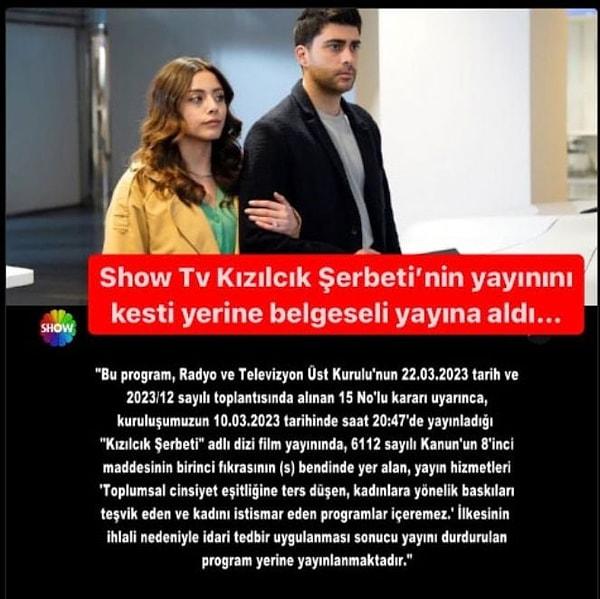 Cuma akşamları yayınlanan Kızılcık Şerbeti dizisinin bu haftaki bölümünün yayından kaldırılması ise sosyal medyada tepkilerin yağmasına yol açtı.