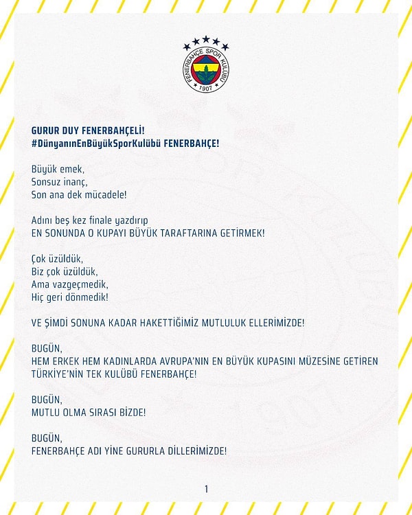 Fenerbahçe sosyal medya hesabı şu paylaşımı yaptı👇