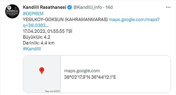 Kandilli Rasathanesi'nden yapılan açıklamaya göre; Kahramanmaraş Göksun'da meydana gelen deprem 4,4 km derinlikte ve 4,2 büyüklüğünde.