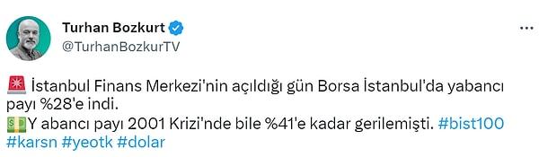 Turhan Bozkurt, İFM'nin açıldığı gün Borsa'daki yabancı yatırımcı payını hatırlattı.