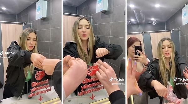 İki genç kız, girdikleri tuvaletin aynasında fotoğraf çekilmek için aynanın üzerinde bulunan "Ellerinizi yıkamayı unutmayın" yazısını söktü.
