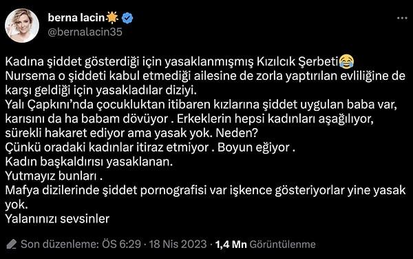 Verilen cezanın altında bambaşka şeyler yattığını ifade eden Berna Laçin sosyal medyadan da paylaşımda bulundu. Laçin "Yutmayız bunları, yalanınızı sevsinler" yorumunda bulundu.