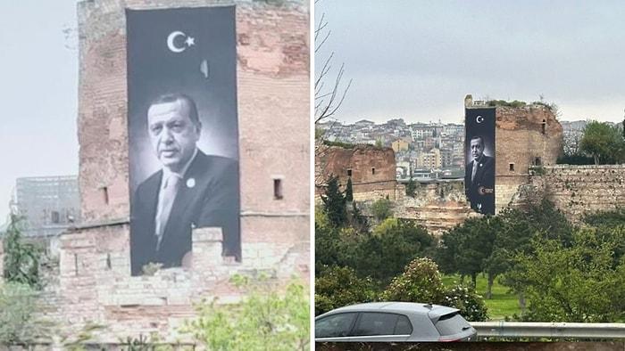 Tarihi Surlarda Seçim Çalışması: Yasak Olmasına Rağmen Erdoğan Pankartı Asıldı