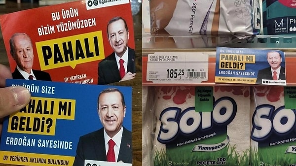 Mahir Akkoyun, geçtiğimiz günlerde marketlerdeki ürünler için "Bu ürün pahalı mı geldi? Erdoğan sayesinde" çıkartmalarını hazırlamıştı.