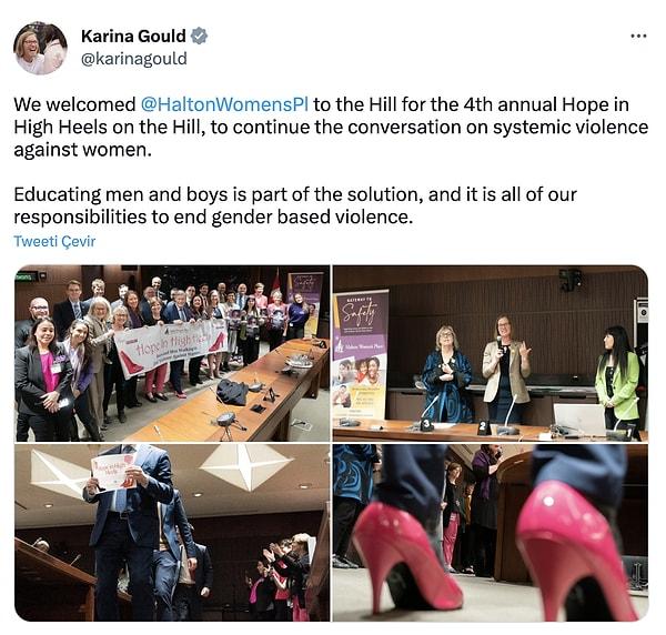 Liberal Milletvekili Karina Gould da etkinlikle ilgili bir tweet atarak erkek meslektaşlarının pembe topuklu ayakkabılarla çekilmiş fotoğraflarını paylaştı.👇