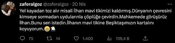 Zafer Algöz ise Elon Musk'tan İlhan diye bahsederek paylaşım yaptı. Ünlü oyuncu mavi rozetin yerine Beşiktaş'ın sembolü Kara Kartal'ın emojisini koydu.