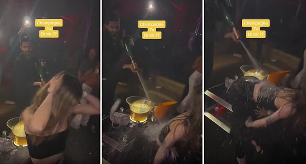 Gece kulübünde kaydedilen görüntülerde, müziğin ritmine kendini kaptıran kadın dans edip twerk yaparken, bir adam ise elindeki şampanya ile o kadını yıkıyor.