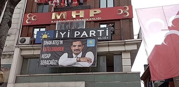 Kastamonu'da MHP il yönetimi, Devlet Bahçeli mitingi öncesi İYİ Parti'nin astığı Sinan Ateş pankartını kapatmak için yoğun mesai harcadı.