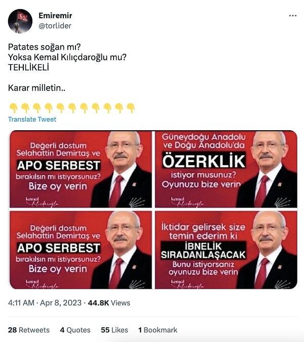 Afişlerde Kılıçdaroğlu’nun “Değerli dostum Selahattin Demirtaş ve Apo serbest bırakılsın mı istiyorsun? Bize oy verin” yazıldığı görülüyor.