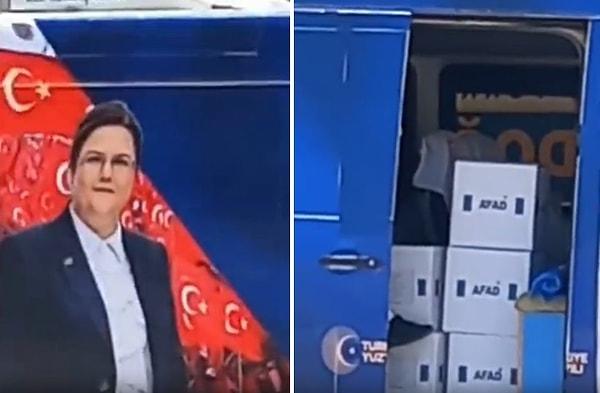 AK Parti'nin Osmaniye milletvekili adayı olan Derya Yanık'ın seçim çalışmaları için kullandığı araçta AFAD logolu koliler görüntülendi.