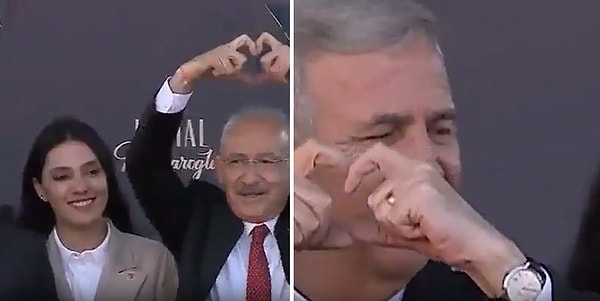 O görüntülerde Mansur Yavaş, Kemal Kılıçdaroğlu'na bakarak eliyle kalp yapmaya çalışıyor.