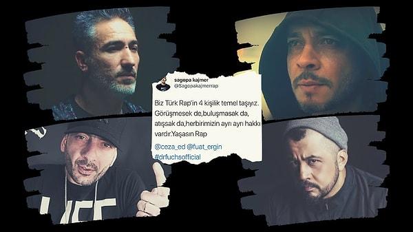 Fakat Sagopa Kajmer, birkaç yıl önce "Biz Türkçe Rap'in 4 temel taşıyız" diyerek bir tweet attı. Tweette Fuat Ergin, Ceza ve Dr. Fucks etiketliydi.