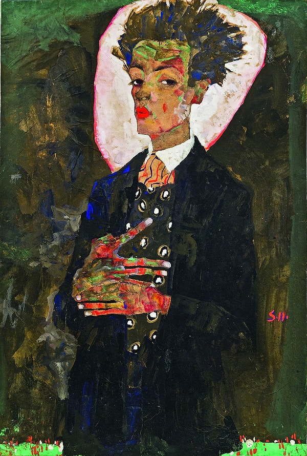 Egon Schiele'nin Peacock Waistcoat Standing adlı çizimi, en sıra dışı otoportrelerinden biridir.