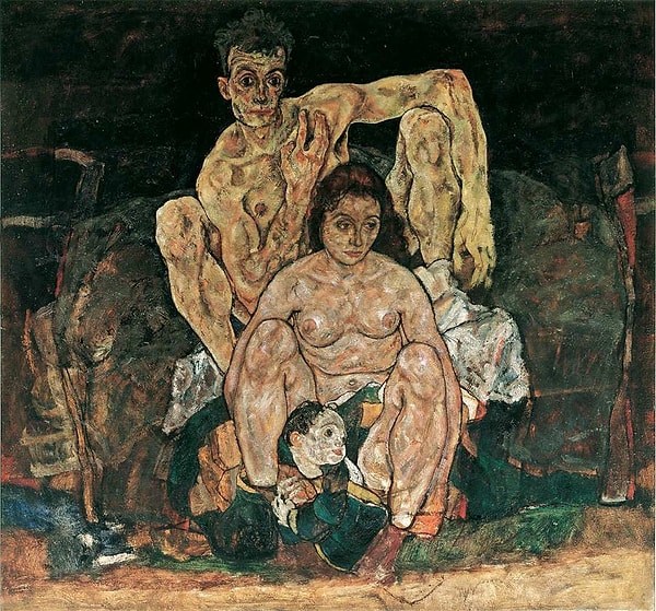 Schiele İspanyol Gribine yakalandığı sırada son portresi olacak bir aile portresi çizmeye başladı. Schiele'nin kendisi, karanlık, dağınık bir arka planın önünde izleyicilere bakıyor. Bacaklarının arasında eşi Edith Harms oturuyor ve kendinin aksine eşi uzağa bakıyor.