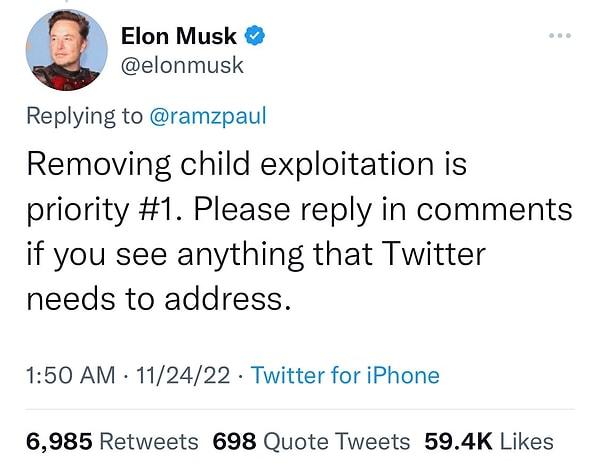 Elon Musk, çocuk istismarının 1 numaralı ve öncelikli sorun olduğunu söylemişti.