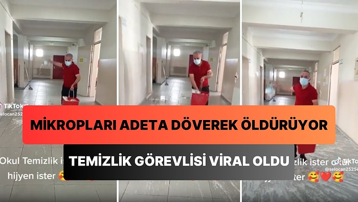 Yerdeki Mikropları Döverek Öldürmek İster Gibi Köpüklü Su Fırlatan Temizlik Görevlisinin Viral Olan Anları