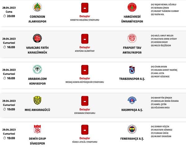 Türkiye Futbol Federasyonu (TFF) Merkez Hakem Kurulundan (MHK) yapılan açıklamaya göre, Süper Lig'de 32. hafta müsabakalarının hakemleri şöyle: