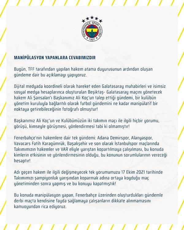 Fenerbahçe Spor Kulübü şu açıklamayı yaptı👇