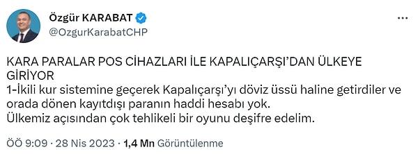 CHP Ekonomi Masası Üyesi Özgür Karabat, son günlerde dolar kurundaki farklılaşma ve altın makasındaki açılmayla gündeme gelen Kapalıçarşı'da, "Dönen kayıtdışı paranın haddi hesabı yok" dedi.