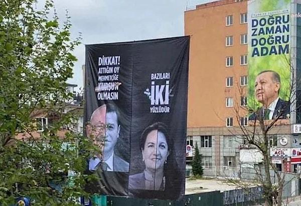 Kılıçdaroğlu'nun pankartında "Dikkat attığın her oy Mehmetçiğe kurşun olmasın", Akşener'in yer aldığı diğer pankartta ise "Bazıları iki yüzlüdür" ifadeleri yer aldı.