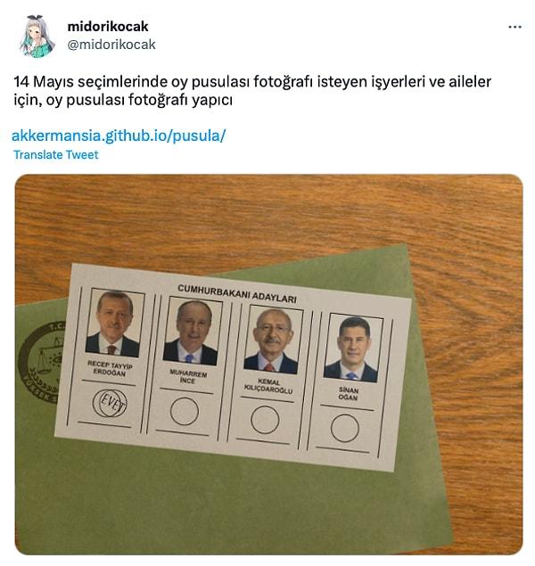 Twitter'da @midorikocak adlı bir kullanıcı, 14 Mayıs seçimlerinde çalışanlarından veya aile üyelerinden oy pusulası fotoğrafı isteyenlerle başa çıkabilmek için oy pusulası fotoğrafı üreten bir uygulama geliştirdiğini paylaştı.