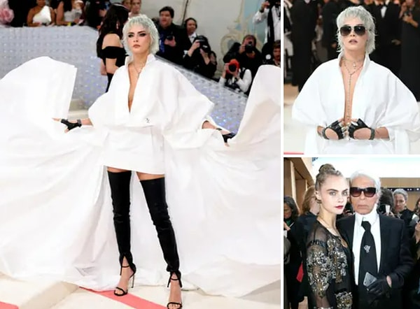 8. Давайте на минутку оценим людей, которые оделись как сам Карл. Во-первых, у нас есть Кара Делевинь, одна из известных коллаборантов Карла. Перчатки — приятная отсылка