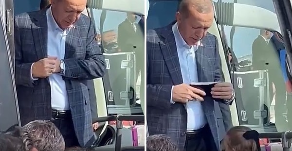 Ceketinin iç cebinden cüzdanını çıkartan Cumhurbaşkanı Erdoğan'ın cüzdanının kalınlığını gören vatandaş 'Ooo' dedi.