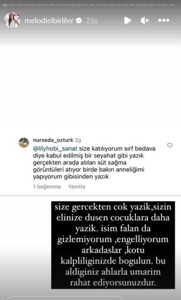 Söz konusu yorumu Instagram'da paylaşan Elbirliler, "Size gerçekten çok yazık, sizin elinize düşen çocuklara daha yazık. Bu aldığınız ahlarla umarım rahat ediyorsunuz" sözleriyle tepki gösterdi.