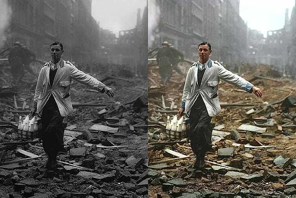 3. II. Dünya Savaşı sırasında Birleşik Krallık'a yapılan Almanya bombardımanlarının ardından sokaklarda süt dağıtan sütçü. (1940)