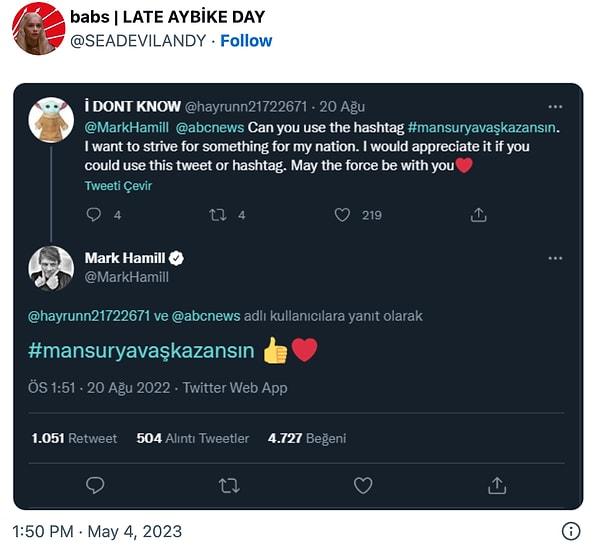 Luke Skywalker'a hayat veren Mark Hamill'ın bu tweetini de unutmayalım. Güç Mansur başkanla.