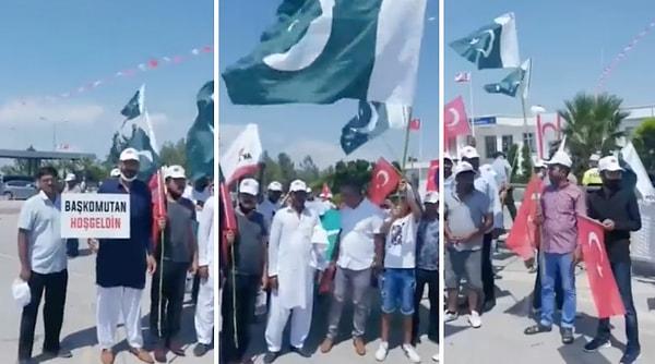 Pakistanlılar Erdoğan'ı dombra eşliğinde Ercan Polis Karakolu önünde, Pakistan ve Türk bayrakları açarak beklediler.