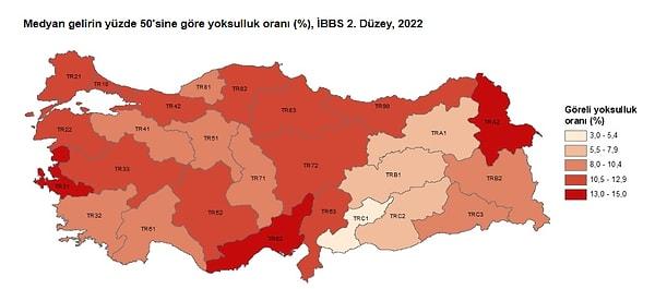 Göreli yoksulluk oranı en düşük olan bölge TRC1 ile Gaziantep, Adıyaman, Kilis oldu.