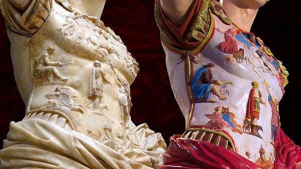 13. Prima Porta'dan Augustus'un Romen heykeli ve orijinal renkleri. (M.S. 1. yüzyıl)