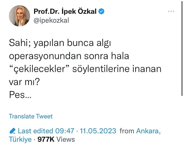 İnce'nin adaylıktan çekilme açıklamanın hemen öncesinde ise Memleket Partisi Genel Başkan Yardımcısı ve Parti Sözcüsü İnce'nin yarıştan çekilmeyeceğini bu gönderisi ile duyurmuştu.