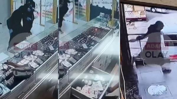 Adana'da bir kuyumcuda kaydedilen bu görüntülerde 3 kişi giydikleri çarşaflarla bir kuyumcuyu soymaya çalıştı.