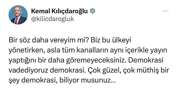 Erdoğan'ın yayını devam ederken seçim yarışında rakibi CHP Genel başkanı Kemal Kılıçdaroğlu sosyal medya hesabından bir paylaşım yaptı. Millet İttifakı'ın cumhurbaşkanı adayı olan Kılıçdaroğlu şöyle dedi: