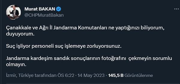 Murat Bakan’a göre, Diyarbakır, Burdur, Muş, Bitlis, Adana, Çanakkale, Ağrı gibi illerde sandıkta görevli polis memurlarına baskı yapıyor.