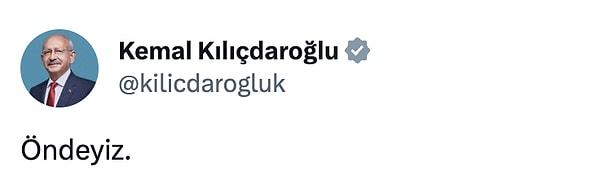 Canlı yayında bahsi geçen açıklamalar yapılırken ise 13. Cumhurbaşkanı Adayı Kemal Kılıçdaroğlu twitter hesabından "Öndeyiz." tweet'i attı ve kısa sürede oldukça fazla etkileşim aldı.