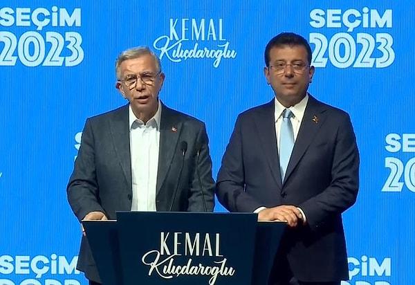 Yarım saat önce Ekrem İmamoğlu ve Mansur Yavaş ekran karşısına geçerek paylaşılan verilerin doğruyu yansıtmadığını ve Kemal Kılıçdaroğlu'nun önde olduğunu açıkladı.
