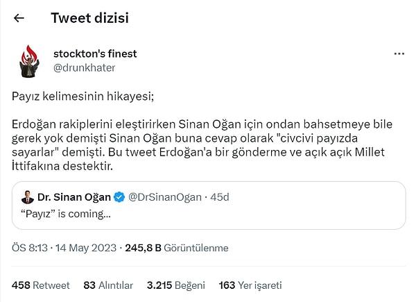 Sosyal medyada yapılan çıkarımlara göre Sinan Oğan'ın bu paylaşımı Cumhurbaşkanı Recep Tayyip Erdoğan'a yönelik bir göndermeydi.